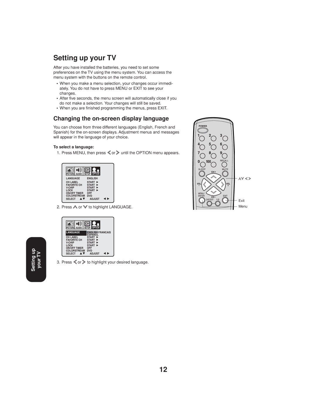 Toshiba TV 27A33 appendix Setting up your TV, Changing the on-screen display language, To select a language, Press or 