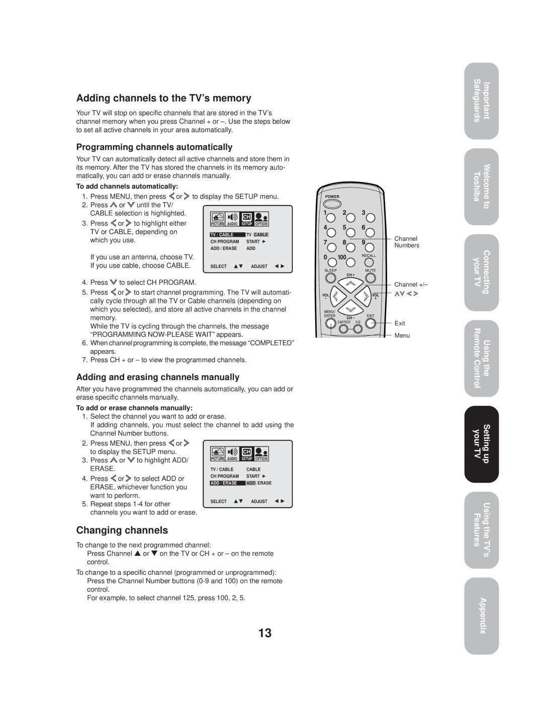 Toshiba TV 27A33 appendix Adding channels to the TV’s memory, Changing channels, Programming channels automatically 