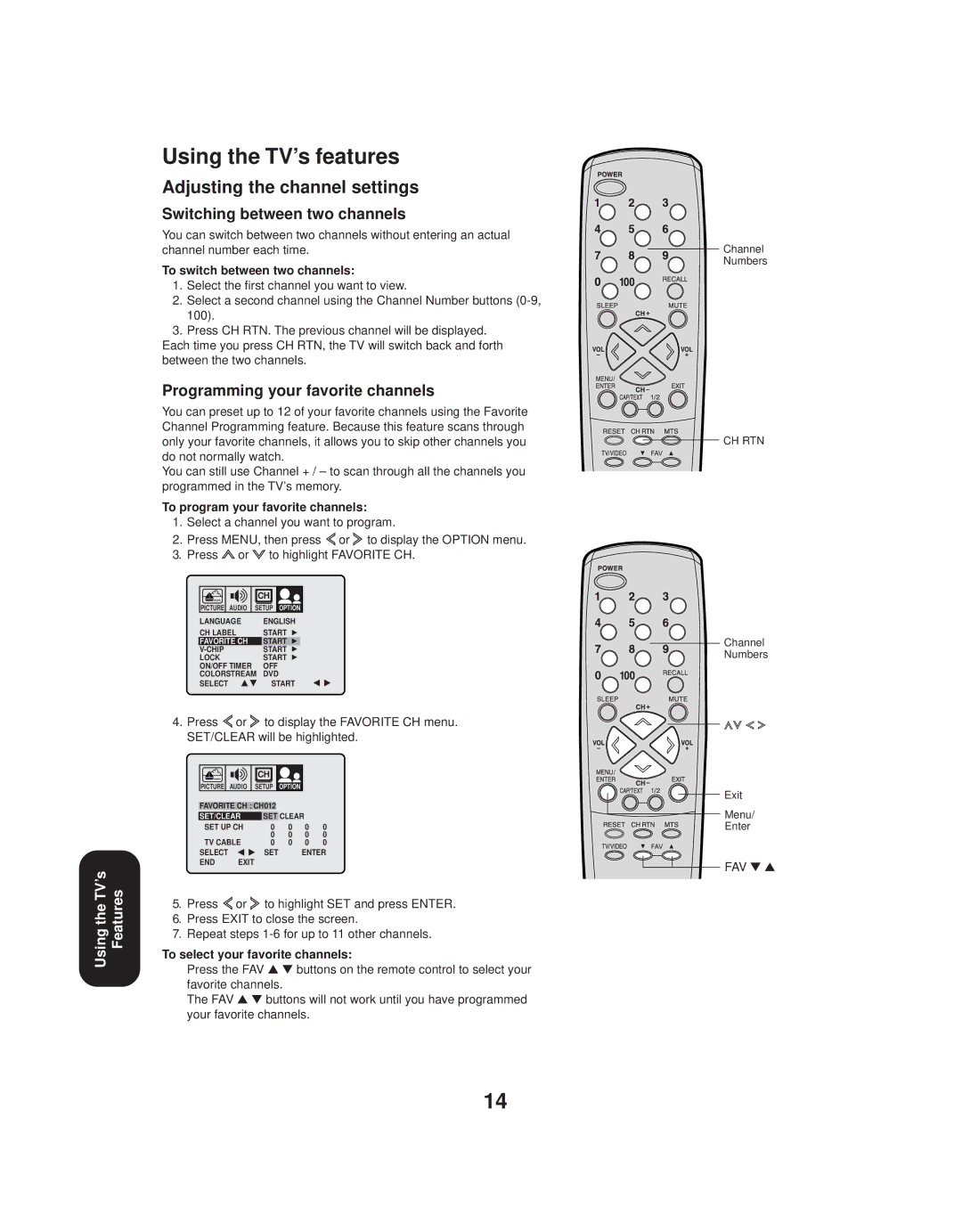 Toshiba TV 27A33 appendix Using the TV’s features, Adjusting the channel settings, Switching between two channels 