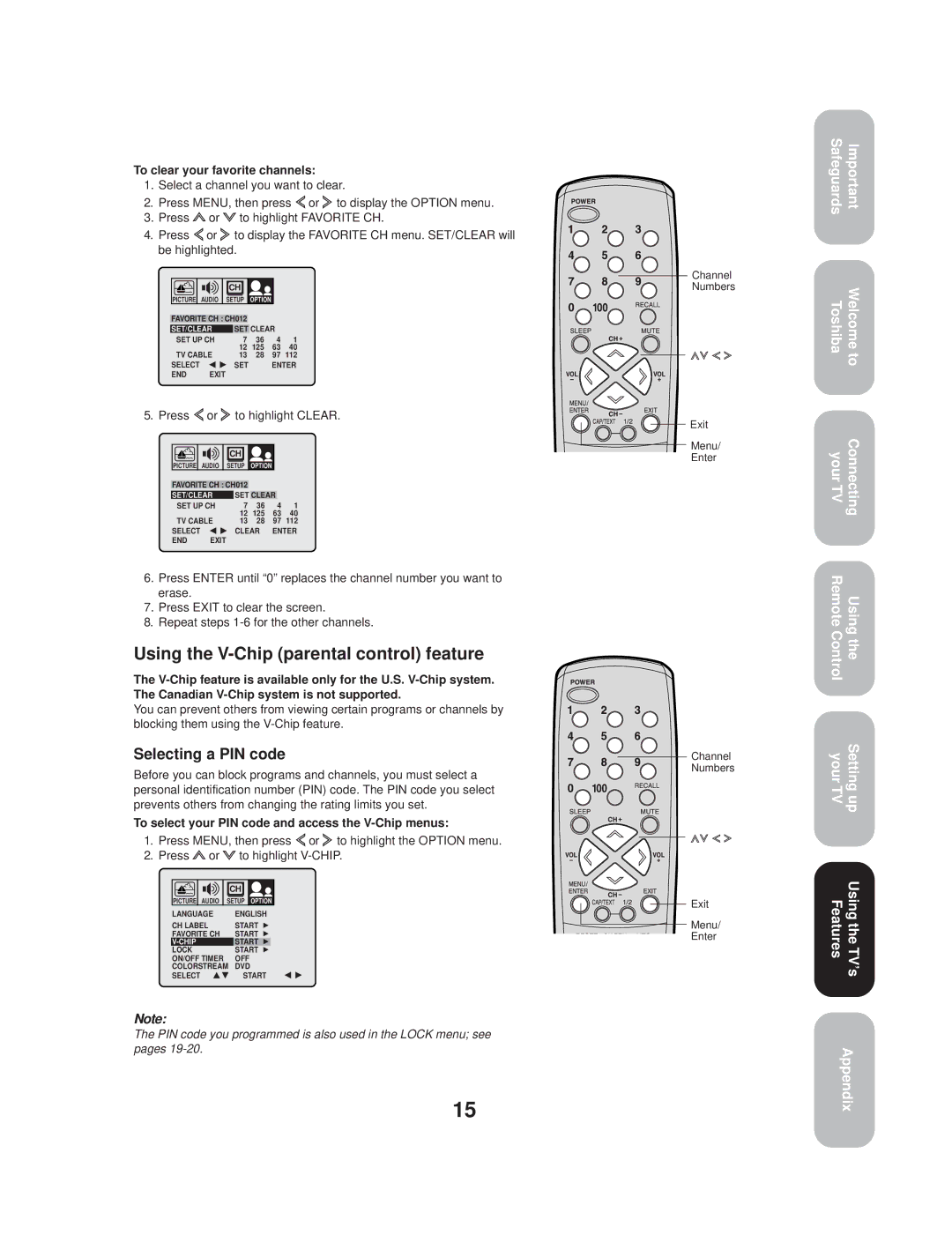 Toshiba TV 27A33 appendix Using the V-Chip parental control feature, Selecting a PIN code, To clear your favorite channels 