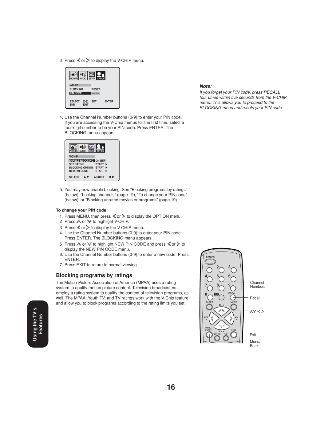 Toshiba TV 27A33 appendix Blocking programs by ratings, Press or to display the V-CHIP menu, To change your PIN code 