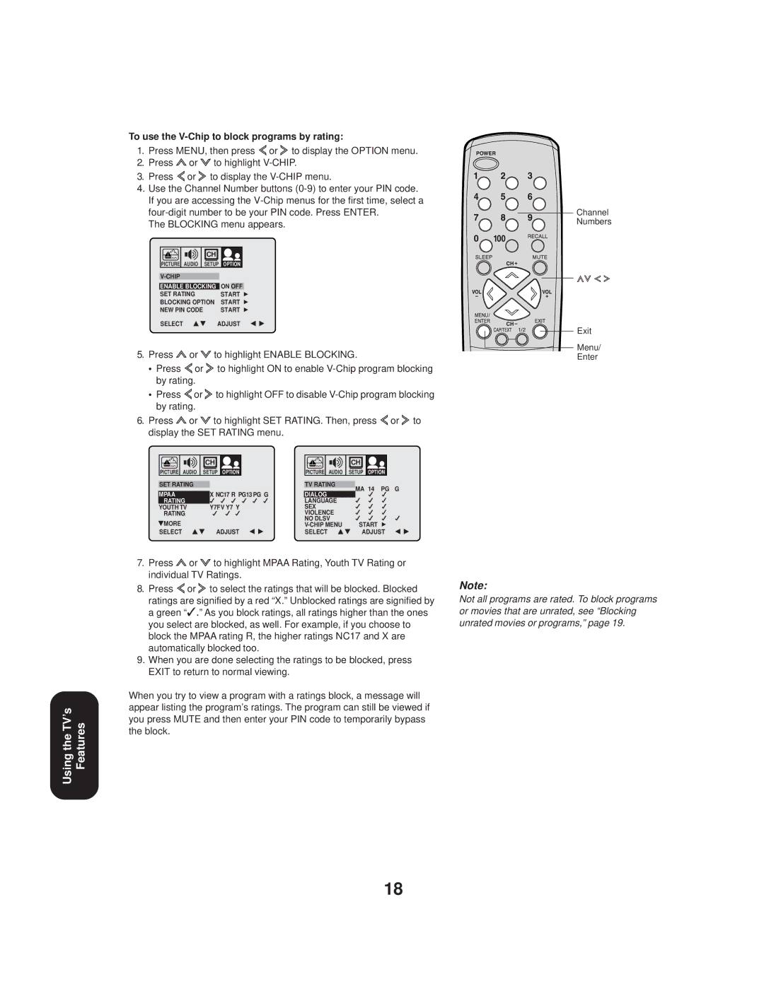 Toshiba TV 27A33 To use the V-Chip to block programs by rating, Blocking menu appears, Press To highlight Enable Blocking 