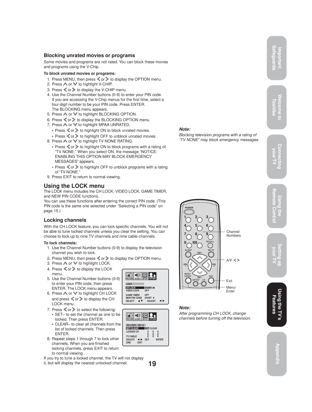 Toshiba TV 27A33 appendix Using the Lock menu, Blocking unrated movies or programs, Locking channels 