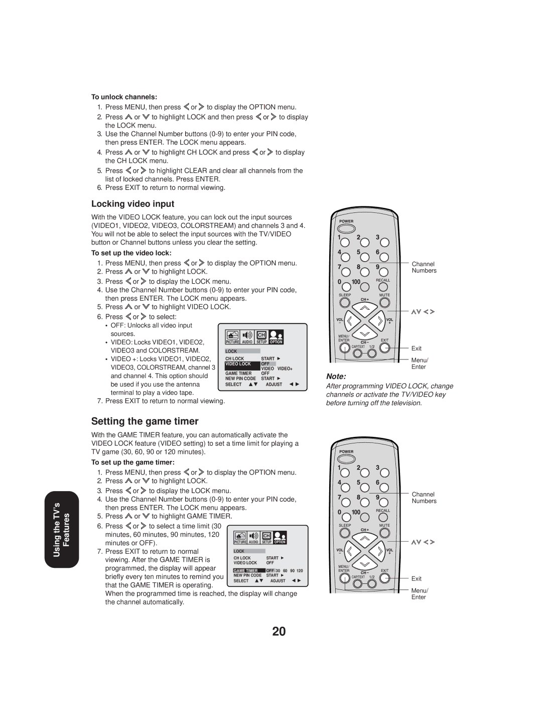 Toshiba TV 27A33 appendix Setting the game timer, Locking video input, To unlock channels, To set up the video lock 