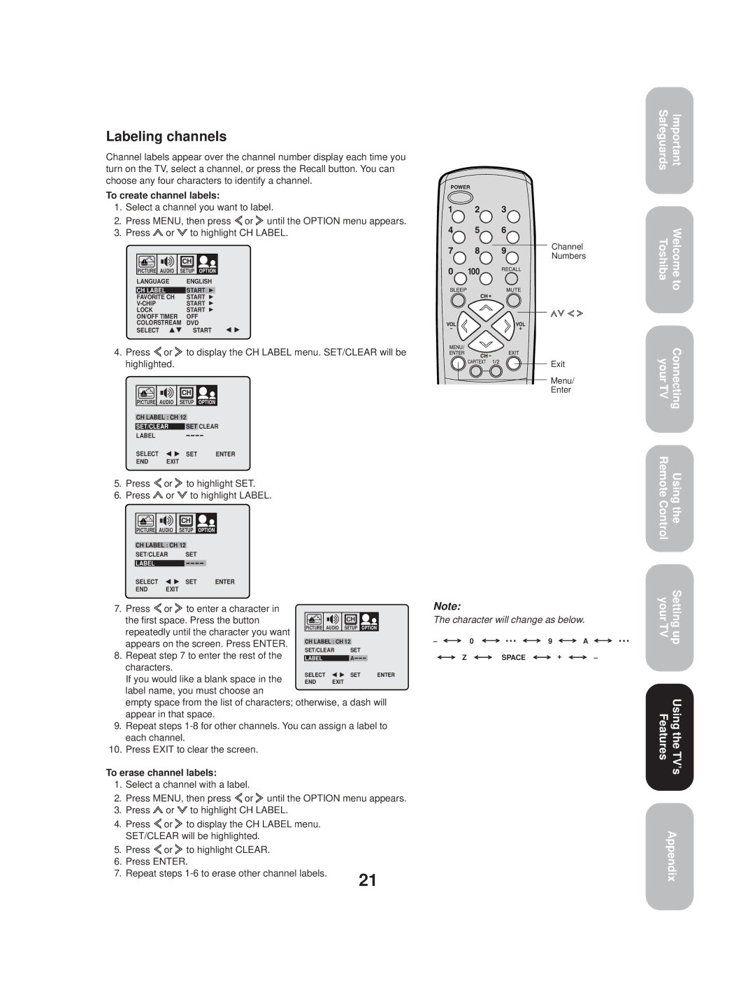 Toshiba TV 27A33 appendix Labeling channels 