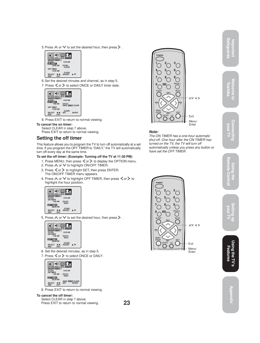 Toshiba TV 27A33 appendix Setting the off timer, Press or to set the desired hour, then press, To cancel the on timer 