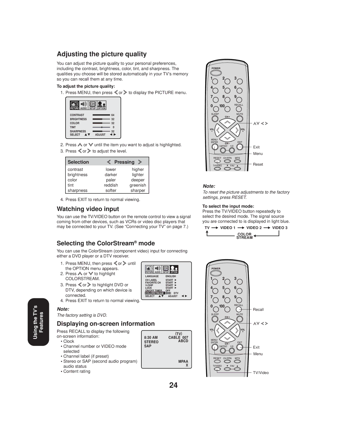 Toshiba TV 27A33 appendix Watching video input, Selecting the ColorStream mode, Displaying on-screen information 