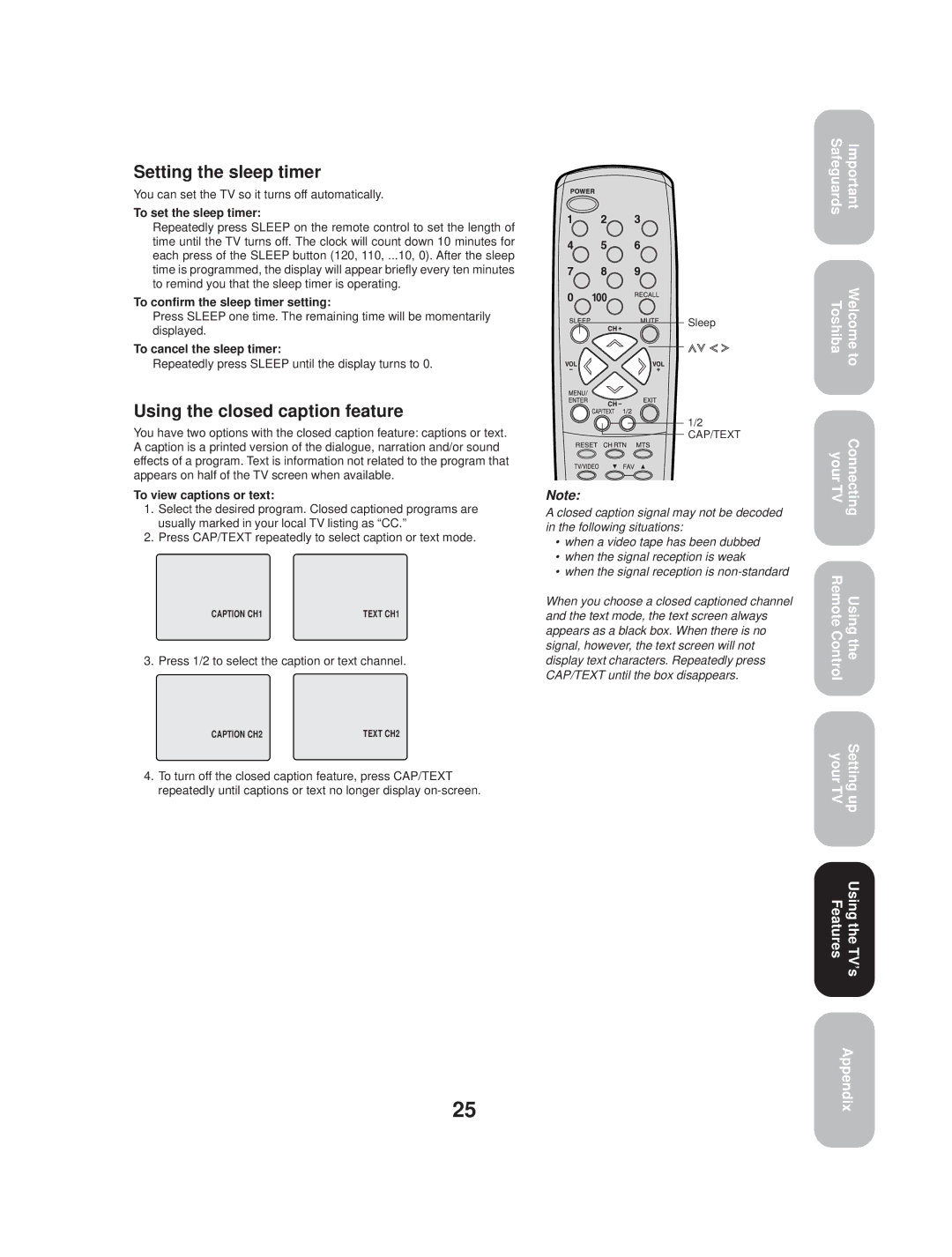 Toshiba TV 27A33 appendix Setting the sleep timer, Using the closed caption feature 