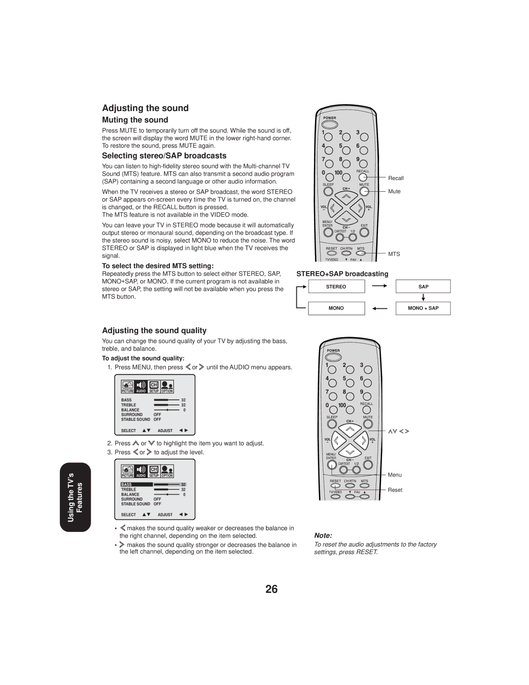 Toshiba TV 27A33 appendix Muting the sound, Selecting stereo/SAP broadcasts, Adjusting the sound quality 