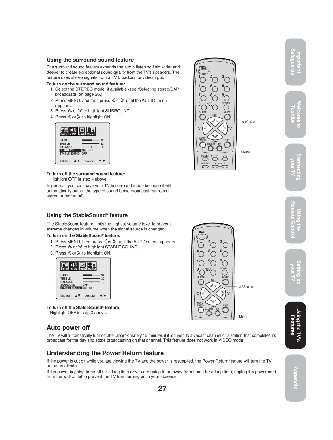 Toshiba TV 27A33 appendix Auto power off, Understanding the Power Return feature, Using the surround sound feature 