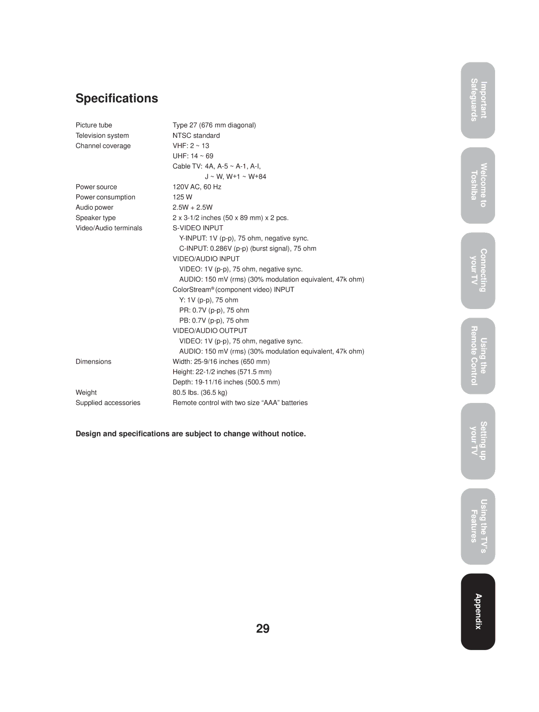 Toshiba TV 27A33 appendix Specifications 