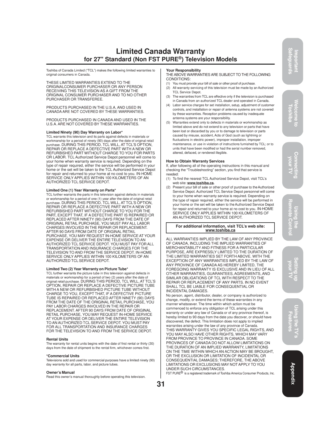 Toshiba TV 27A33 appendix Limited Canada Warranty, For additional information, visit TCL’s web site 