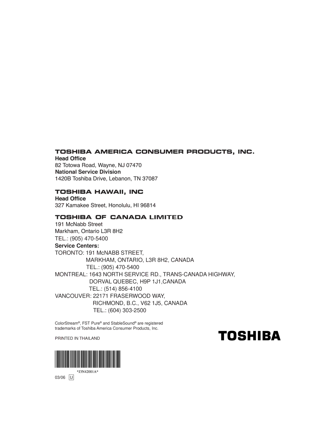 Toshiba TV 27A33 appendix National Service Division 