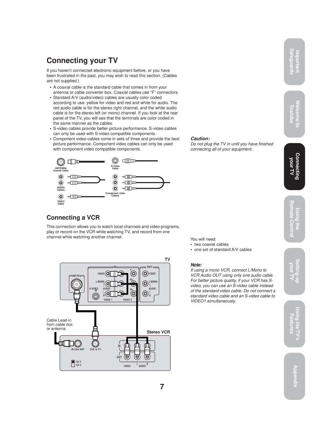 Toshiba TV 27A33 appendix Connecting your TV, Connecting a VCR, With component video compatible components, Stereo VCR 