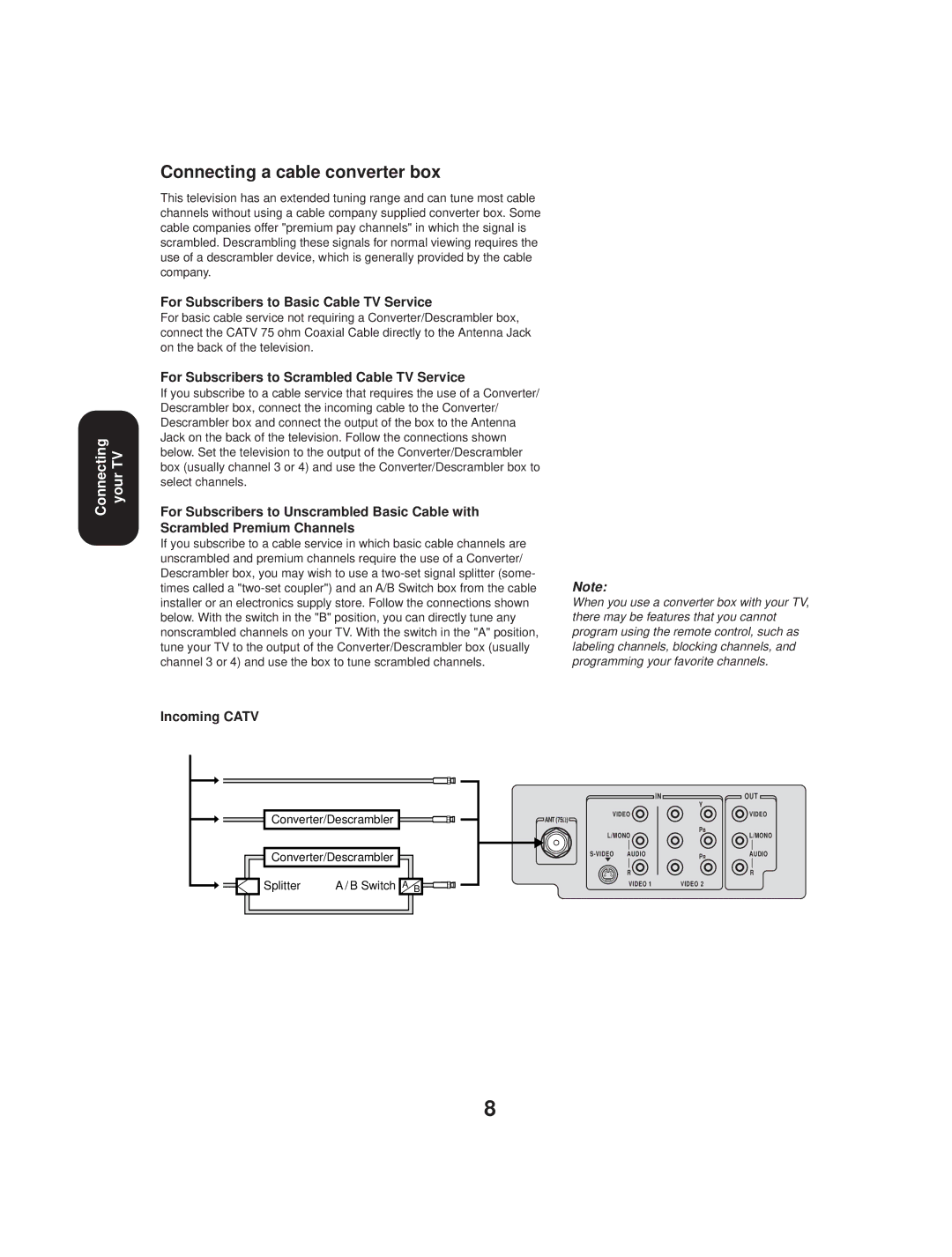 Toshiba TV 27A33 appendix Connecting a cable converter box, Converter/Descrambler Splitter Switch a B 