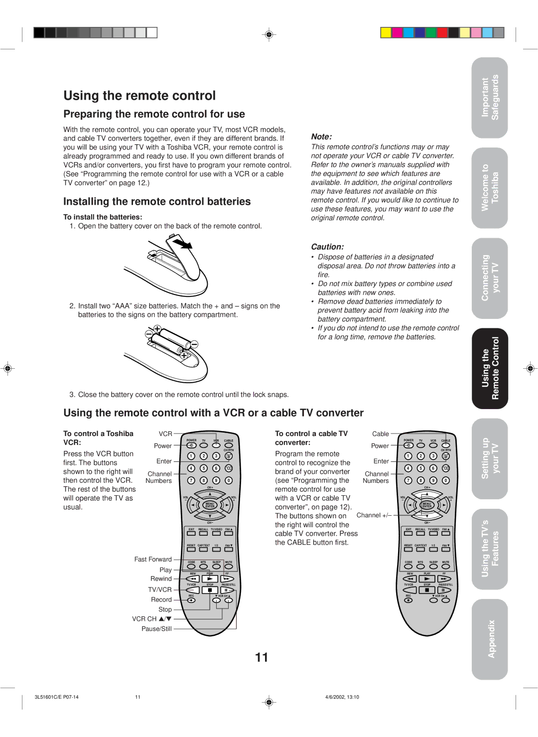 Toshiba TV 27A42 Using the remote control, Preparing the remote control for use, Installing the remote control batteries 