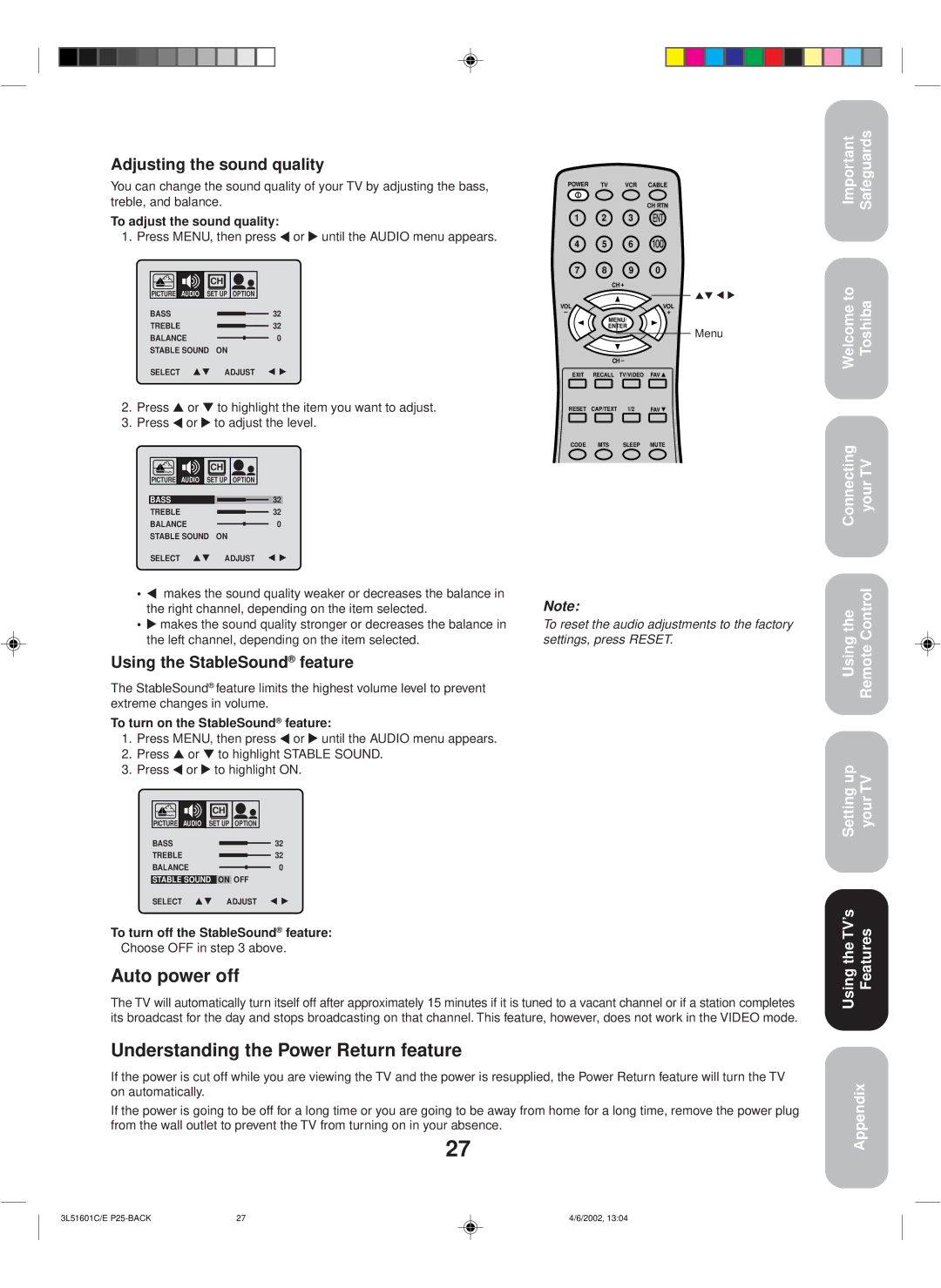 Toshiba TV 27A42 appendix Auto power off, Understanding the Power Return feature, Adjusting the sound quality 