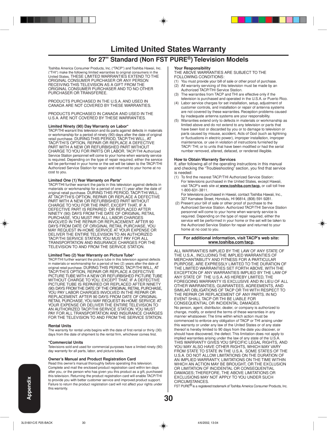 Toshiba TV 27A42 appendix Limited United States Warranty, For 27 Standard Non FST Pure Television Models 