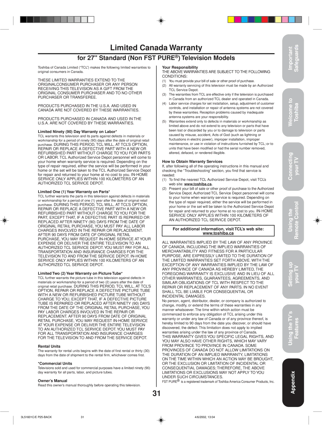 Toshiba TV 27A42 appendix Limited Canada Warranty, For additional information, visit TCL’s web site 