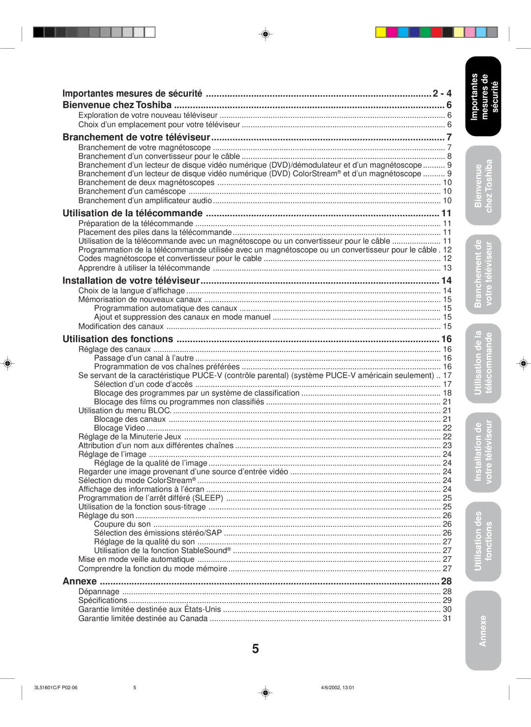 Toshiba TV 27A42 appendix Importantes mesures de sécurité Bienvenue chez Toshiba 