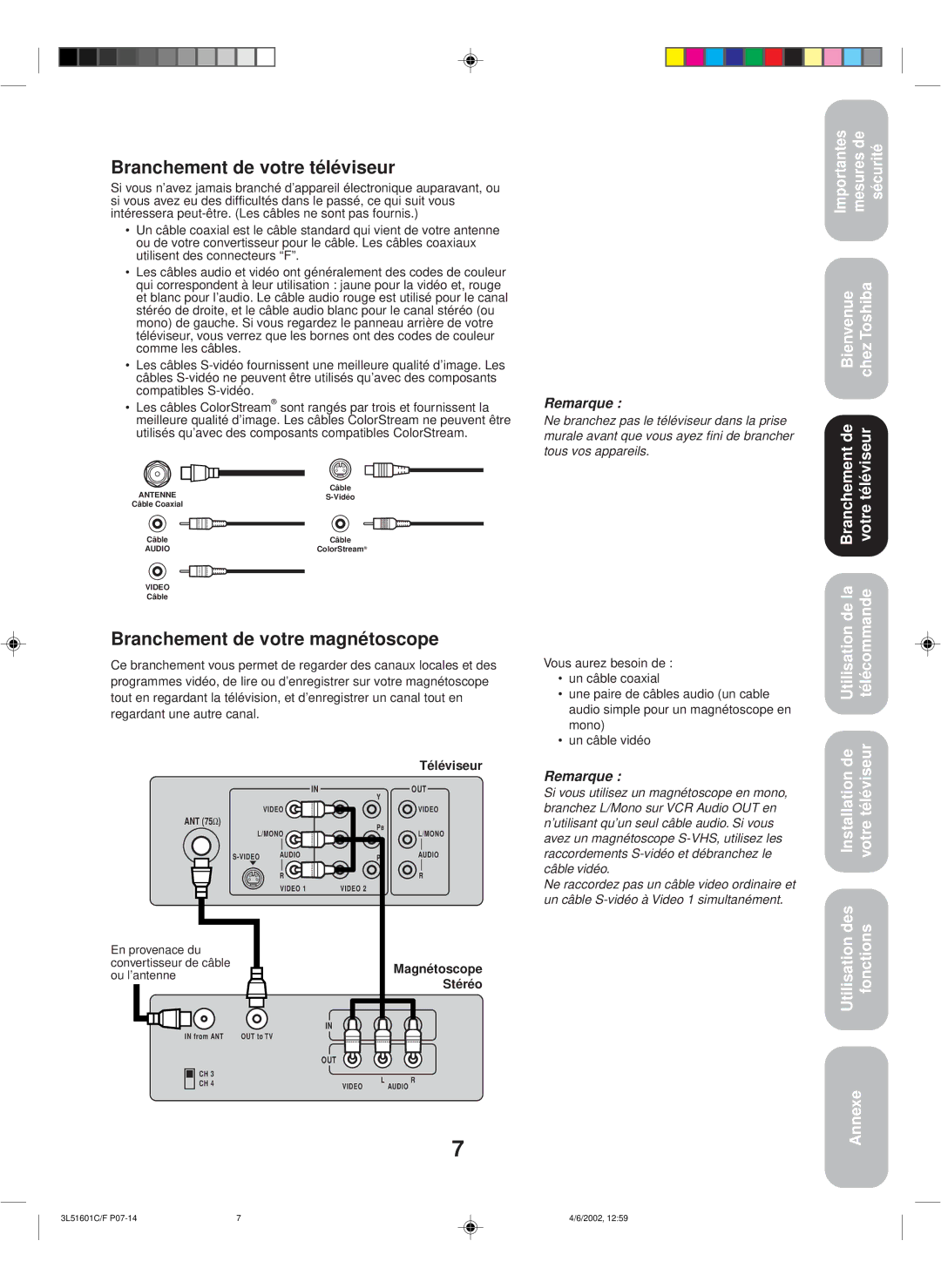 Toshiba TV 27A42 Branchement de votre téléviseur, Branchement de votre magnétoscope, Téléviseur, Magnétoscope Stéréo 