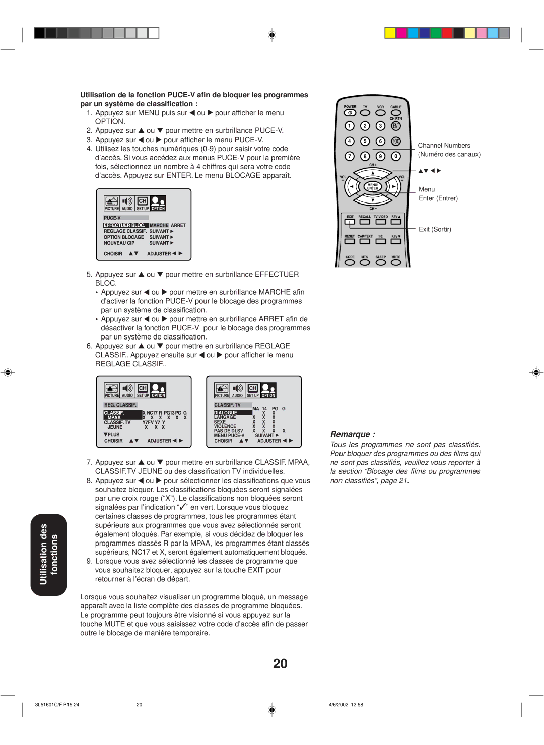 Toshiba TV 27A42 appendix Appuyez sur Menu puis sur ou pour afficher le menu, Option 