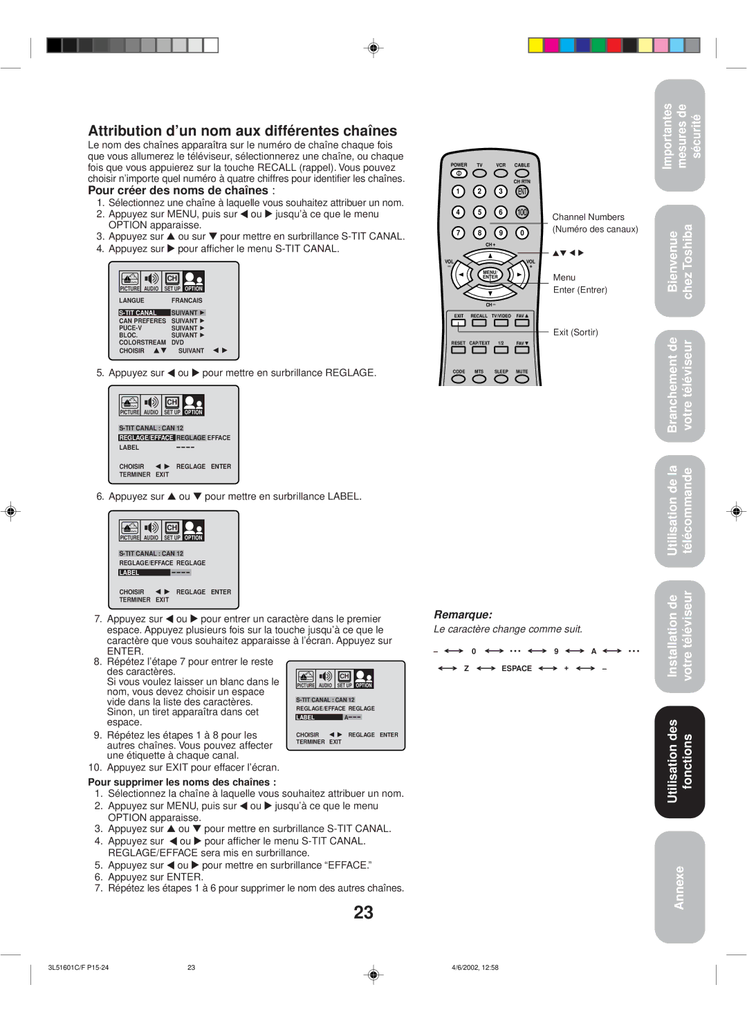 Toshiba TV 27A42 appendix Attribution d’un nom aux différentes chaînes, Appuyez sur Ou pour mettre en surbrillance Reglage 