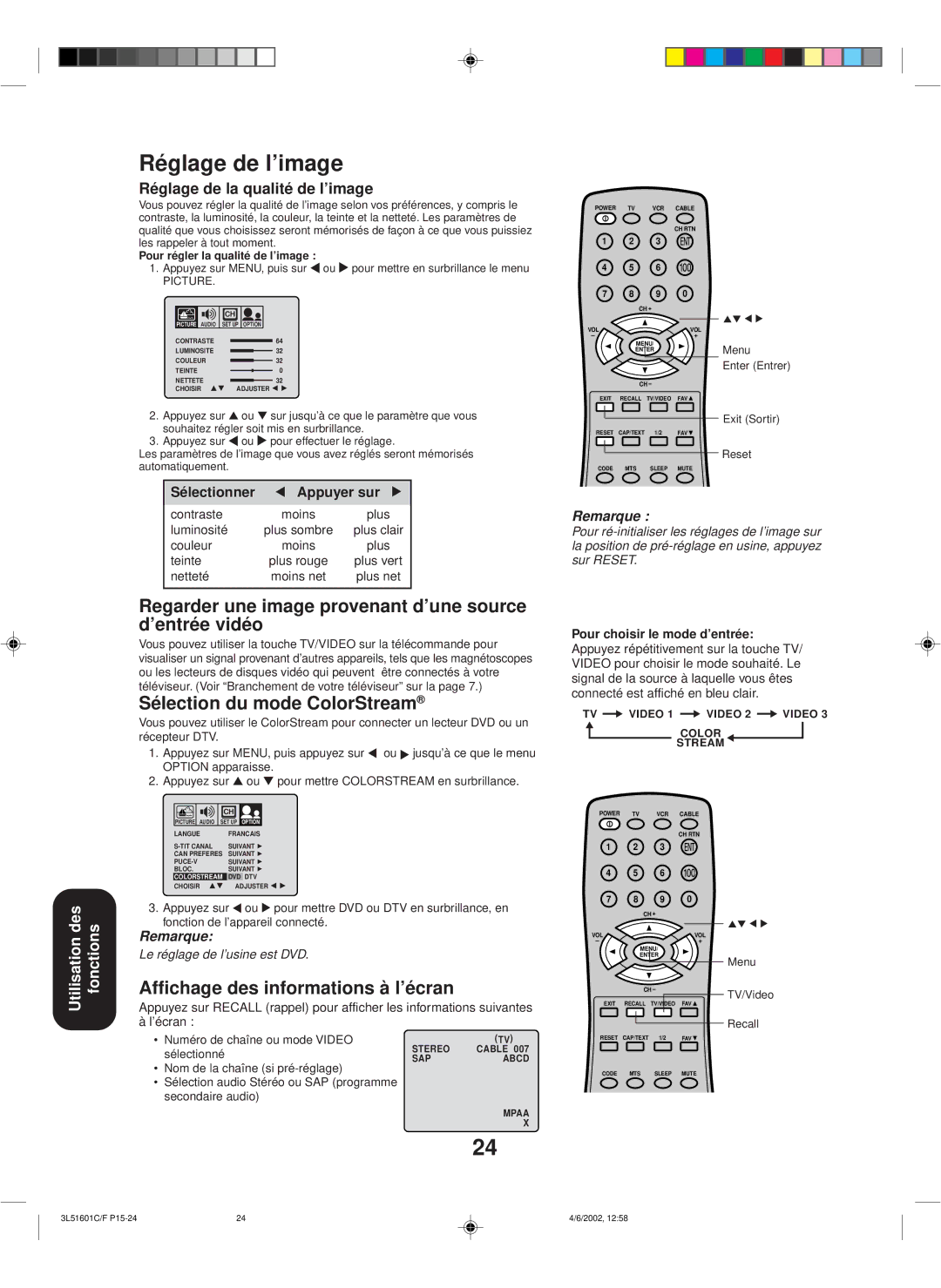 Toshiba TV 27A42 appendix Réglage de l’image, Regarder une image provenant d’une source d’entrée vidéo 