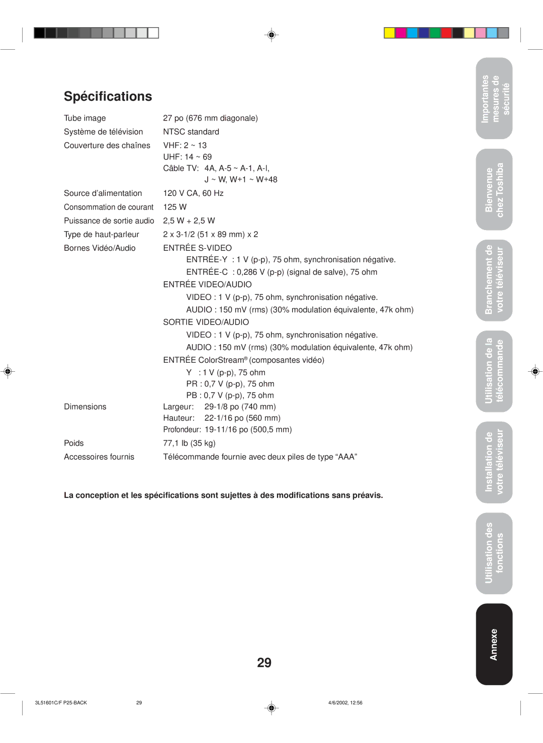 Toshiba TV 27A42 appendix Spécifications, Entrée S-VIDEO 