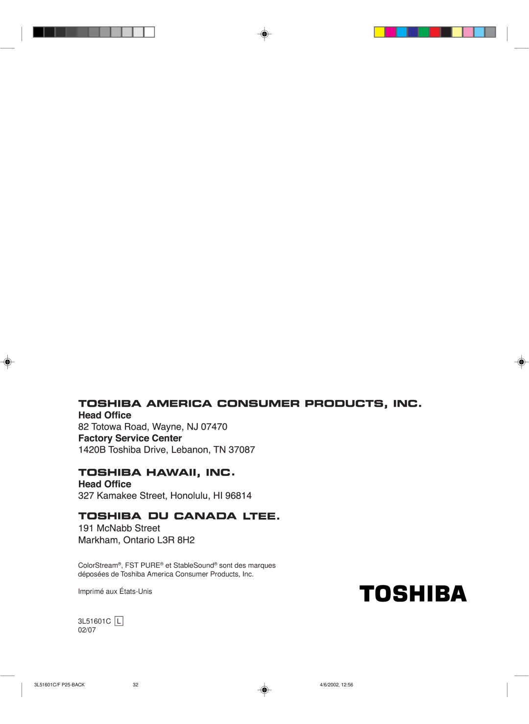 Toshiba TV 27A42 appendix Imprimé aux États-Unis 3L51601C 02/07 