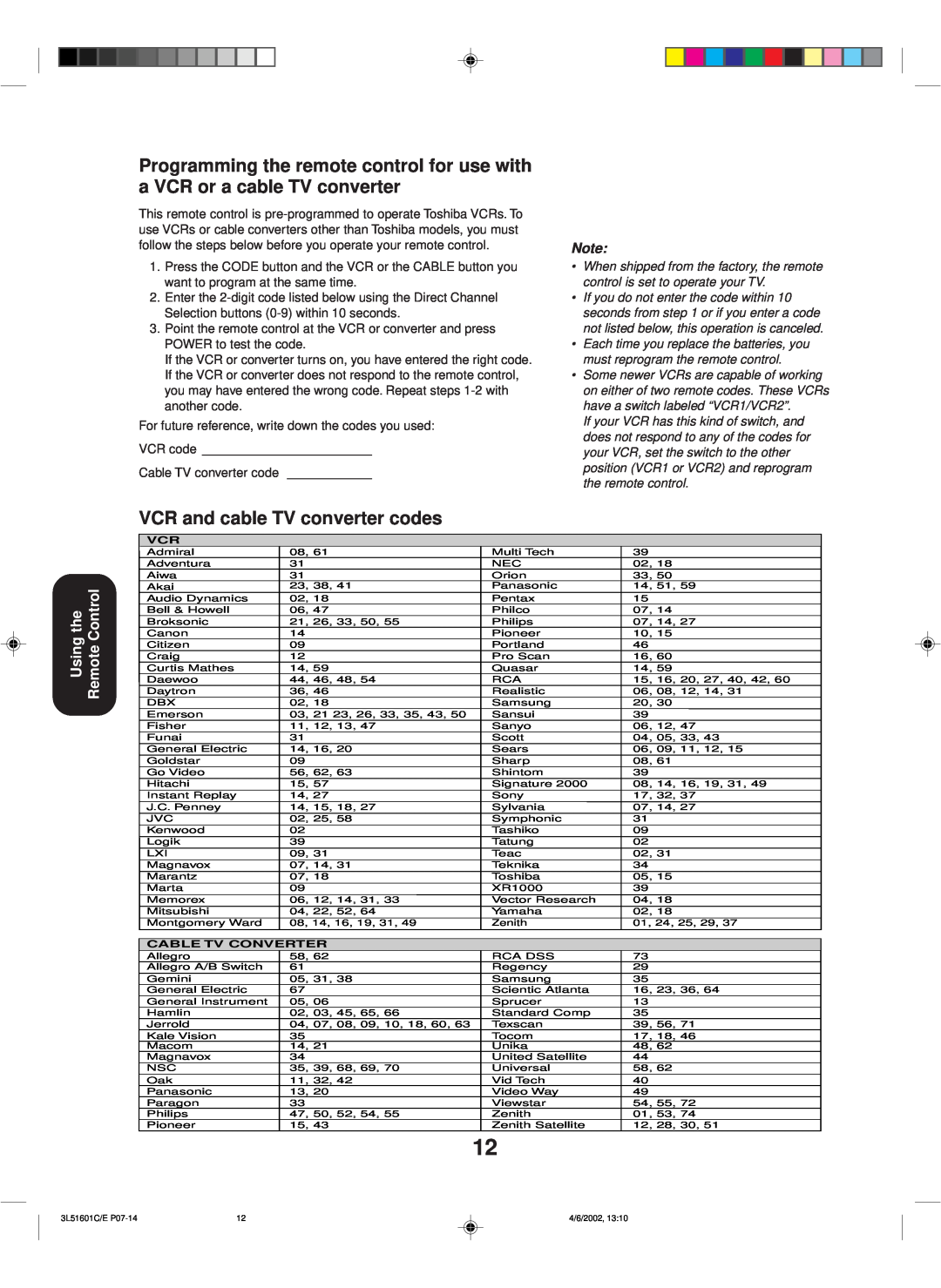Toshiba TV 27A42 appendix VCR and cable TV converter codes, Using the Remote Control 