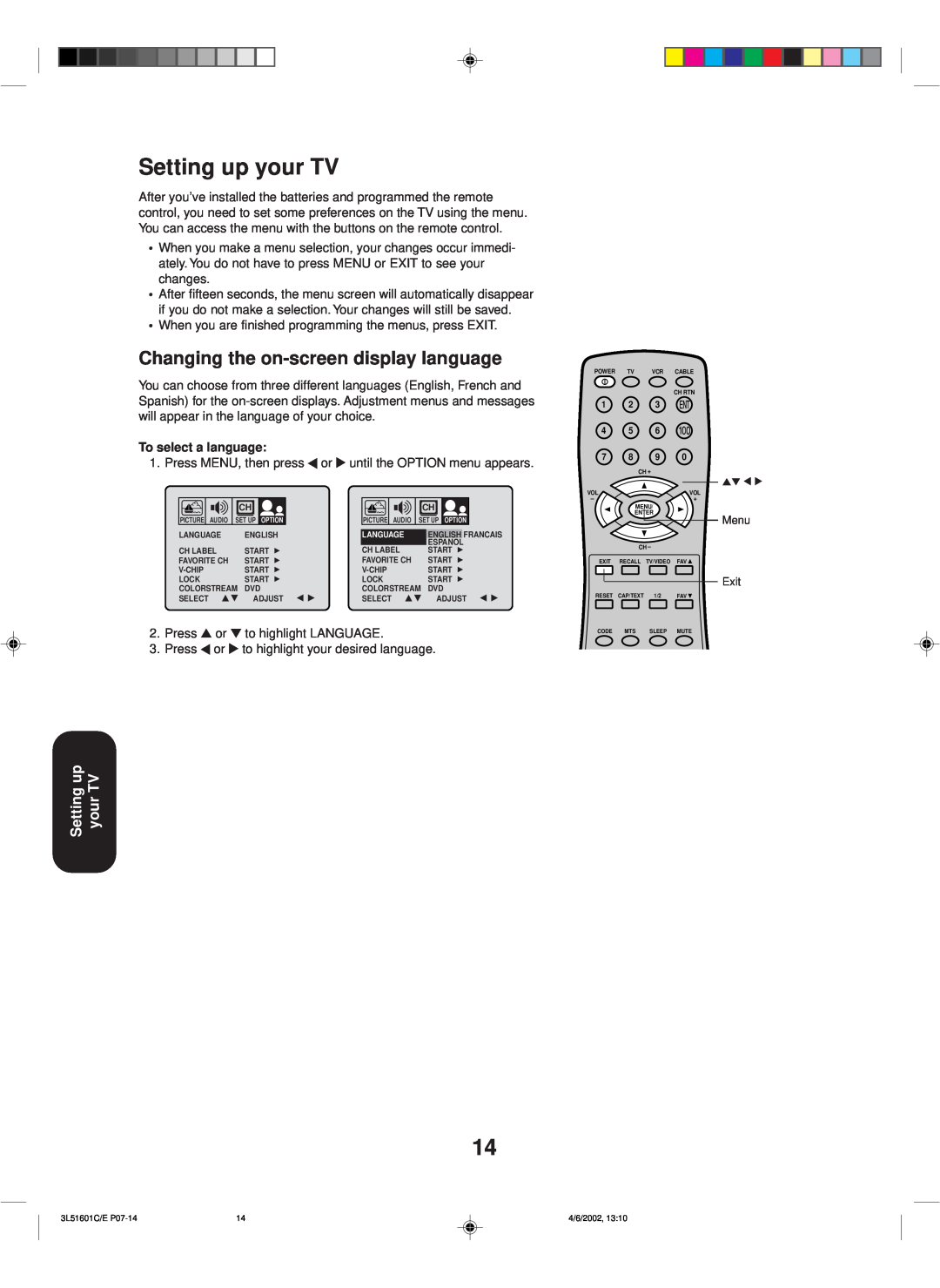 Toshiba TV 27A42 appendix Setting up your TV, Changing the on-screen display language, To select a language 