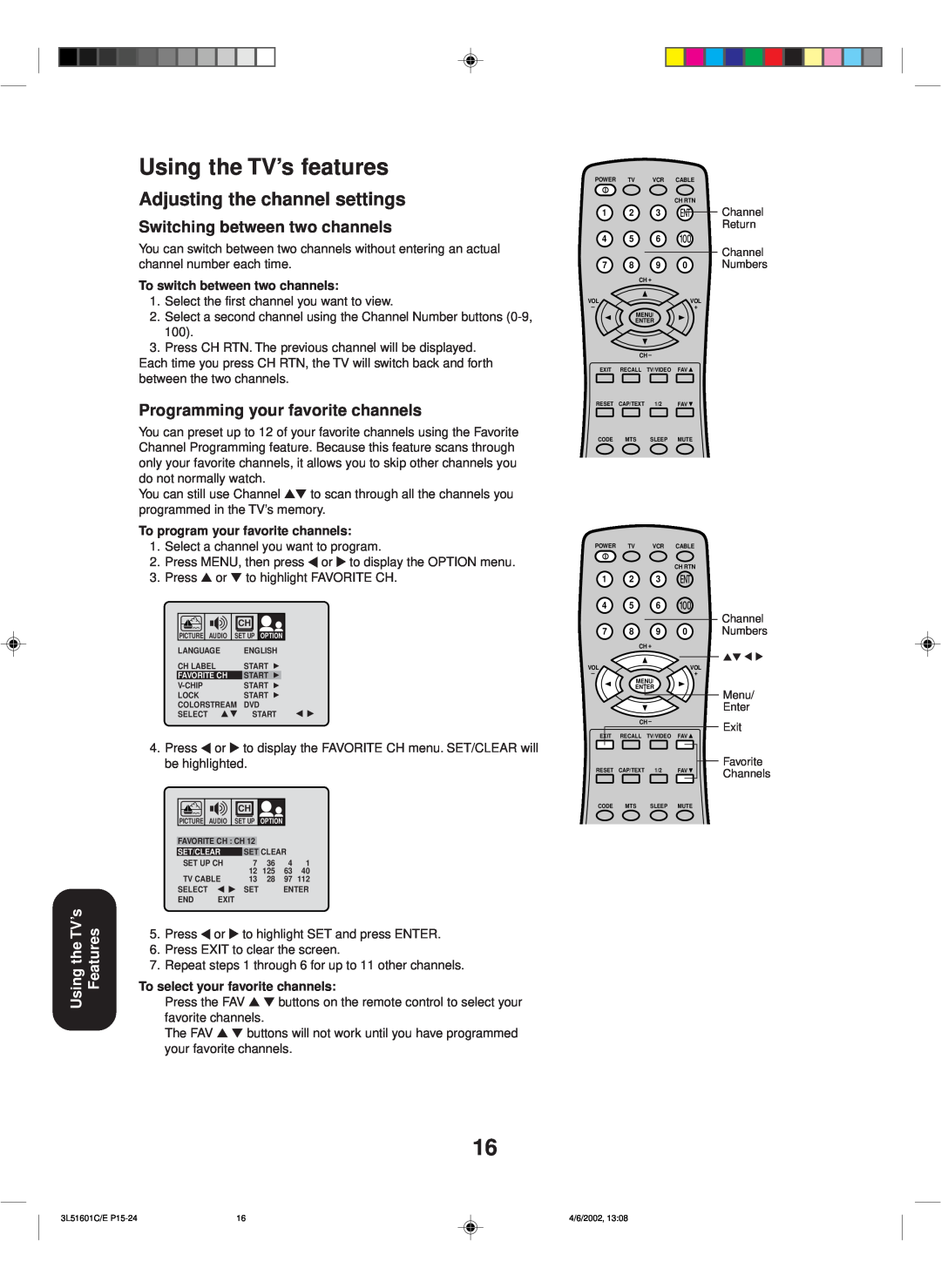 Toshiba TV 27A42 appendix Using the TV’s features, Adjusting the channel settings, Switching between two channels, Press 