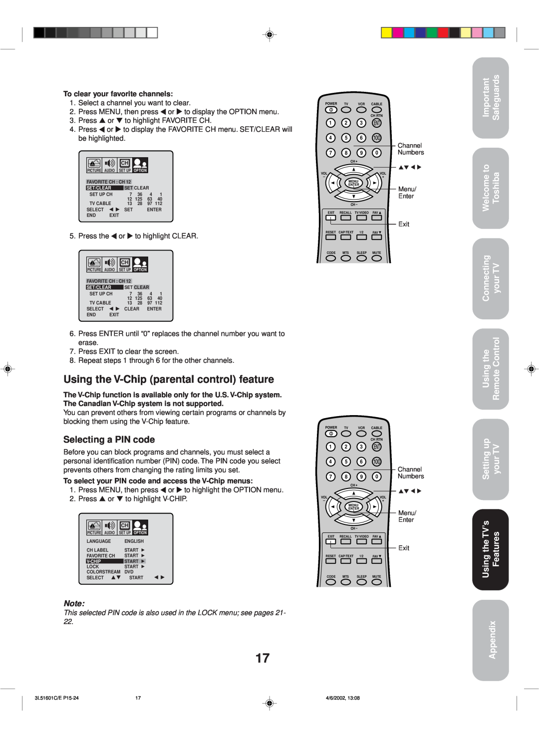 Toshiba TV 27A42 Using the V-Chip parental control feature, Selecting a PIN code, Safeguards, Setting up your TV, Appendix 
