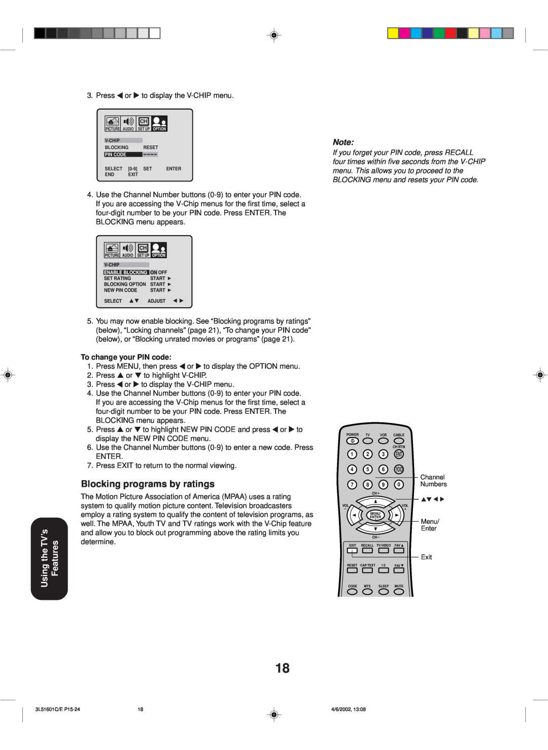 Toshiba TV 27A42 appendix Blocking programs by ratings, Using the TV’s Features, To change your PIN code 