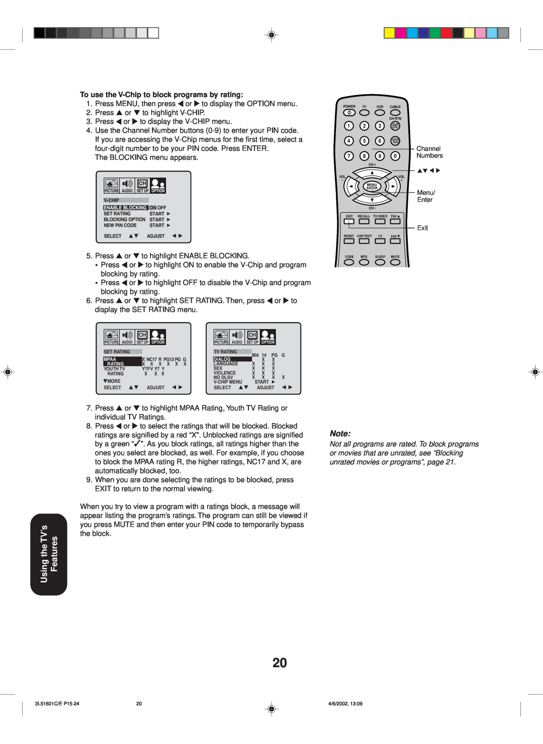 Toshiba TV 27A42 appendix Using the TV’s Features, To use the V-Chip to block programs by rating, Mpaa, Dialog, Rating 