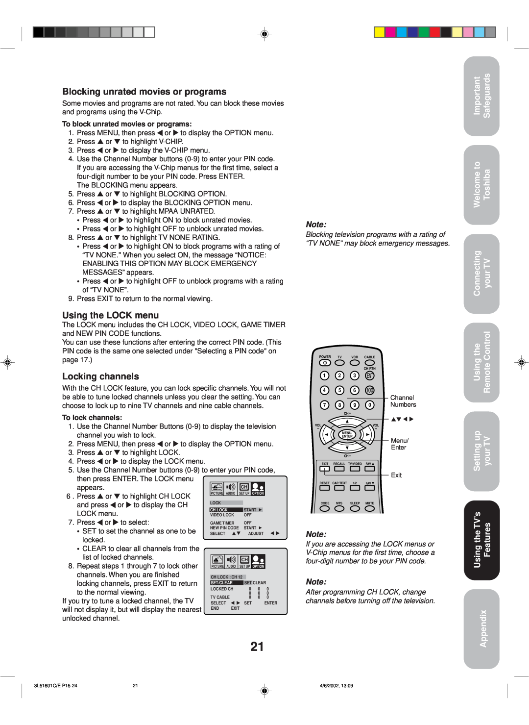 Toshiba TV 27A42 appendix Blocking unrated movies or programs, Using the LOCK menu, Locking channels, Safeguards, Appendix 