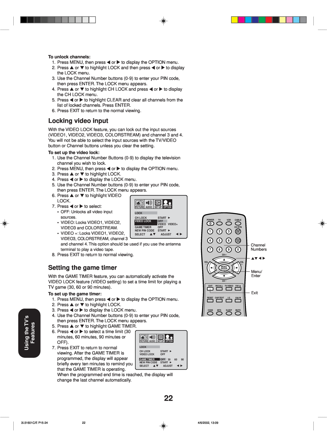 Toshiba TV 27A42 appendix Locking video input, Setting the game timer, Using the TV’s Features, To unlock channels 