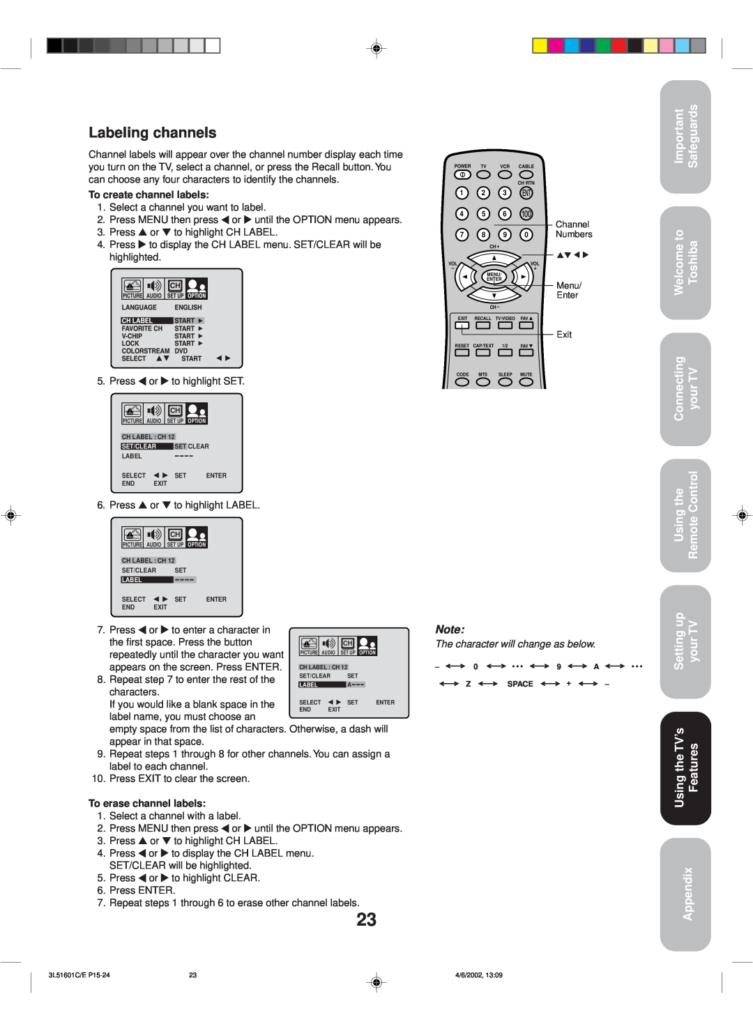 Toshiba TV 27A42 Labeling channels, Safeguards, Welcome to Toshiba Connecting your TV, Setting up your TV, Appendix 