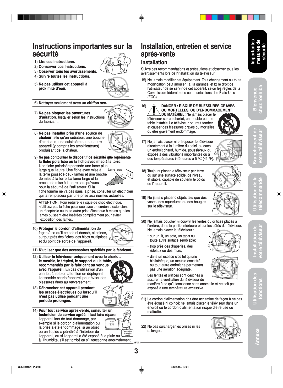 Toshiba TV 27A42 appendix Instructions importantes sur la sécurité, Installation, entretien et service après-vente 