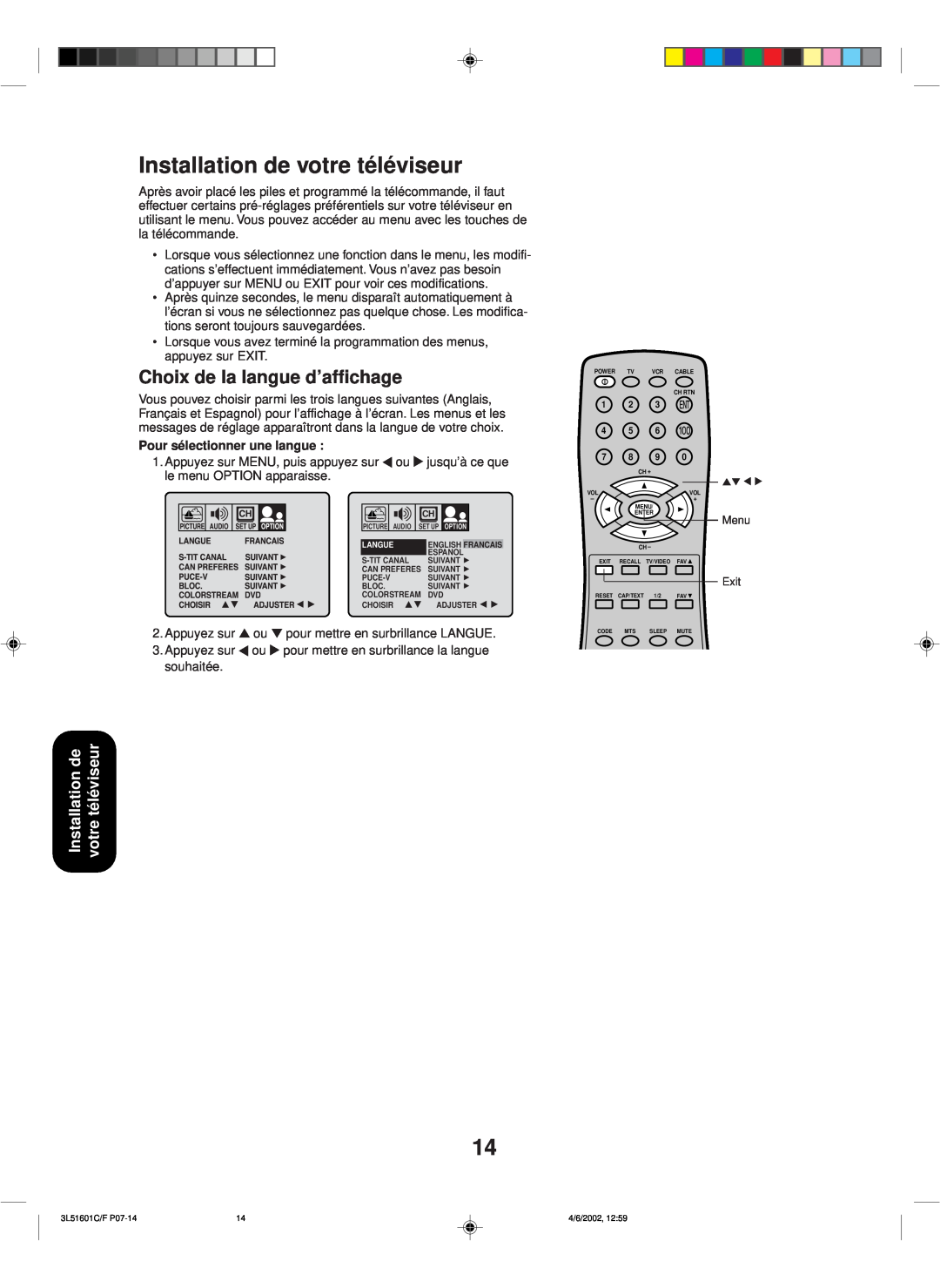 Toshiba TV 27A42 appendix Installation de votre téléviseur, Choix de la langue d’affichage, Pour sélectionner une langue 