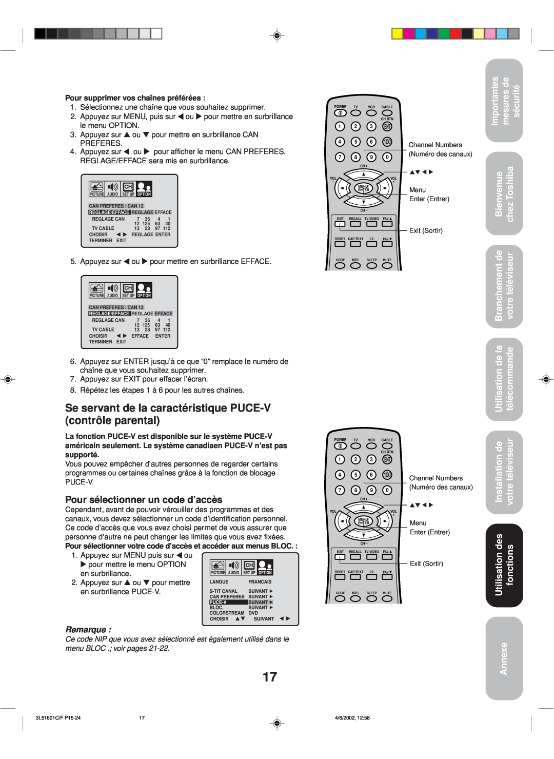 Toshiba TV 27A42 appendix Se servant de la caractéristique PUCE-V contrôle parental, Pour sélectionner un code d’accès 