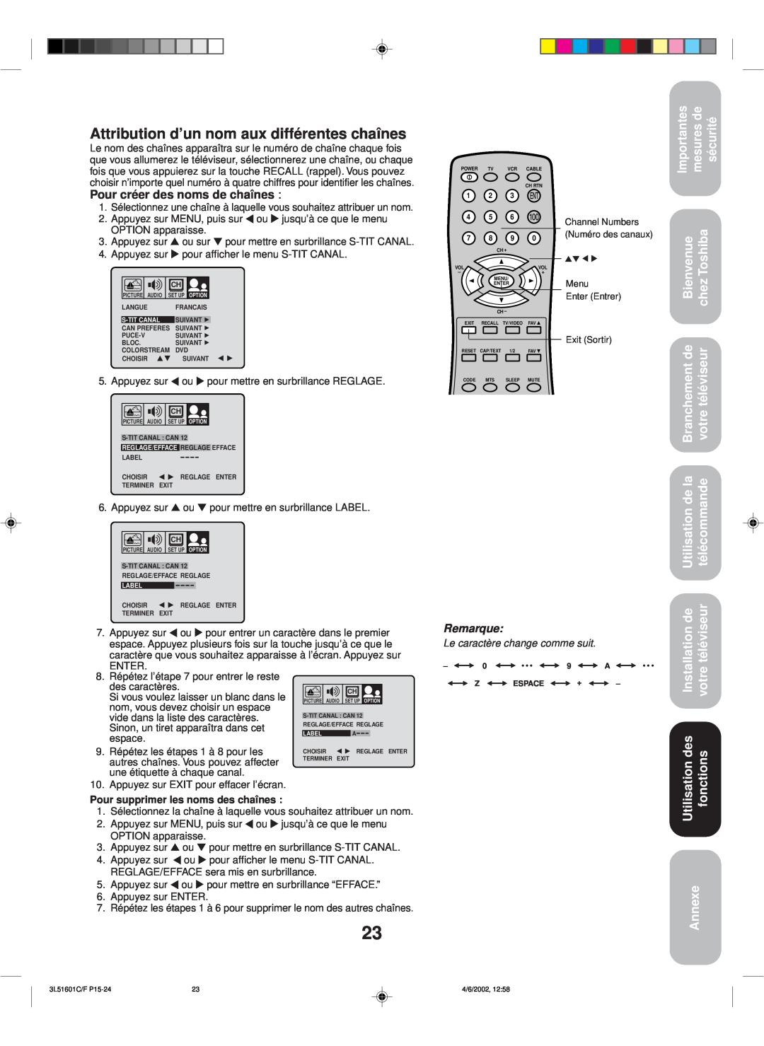 Toshiba TV 27A42 appendix Attribution d’un nom aux différentes chaînes, Pour créer des noms de chaînes 