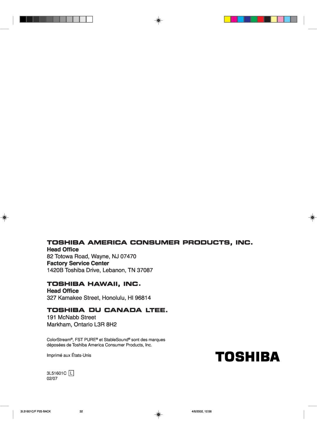 Toshiba TV 27A42 appendix Imprimé aux États-Unis, 3L51601C 02/07 