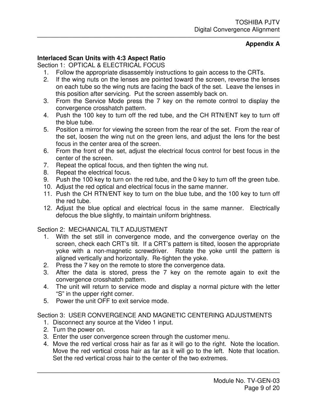 Toshiba TV-GEN-03 specifications Appendix a Interlaced Scan Units with 43 Aspect Ratio 