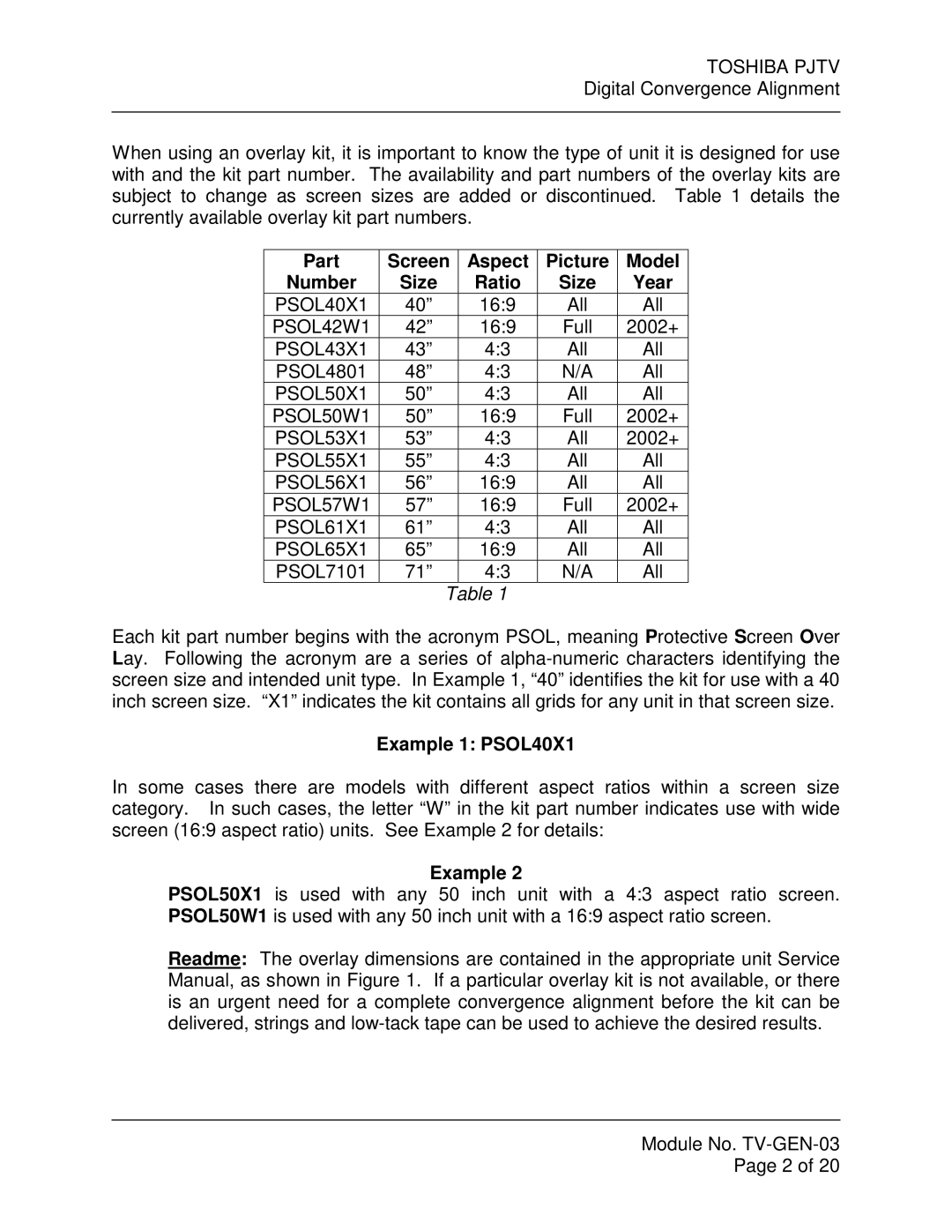 Toshiba TV-GEN-03 specifications Part Screen Aspect Picture Model Number, Ratio, Year, Example 1 PSOL40X1 