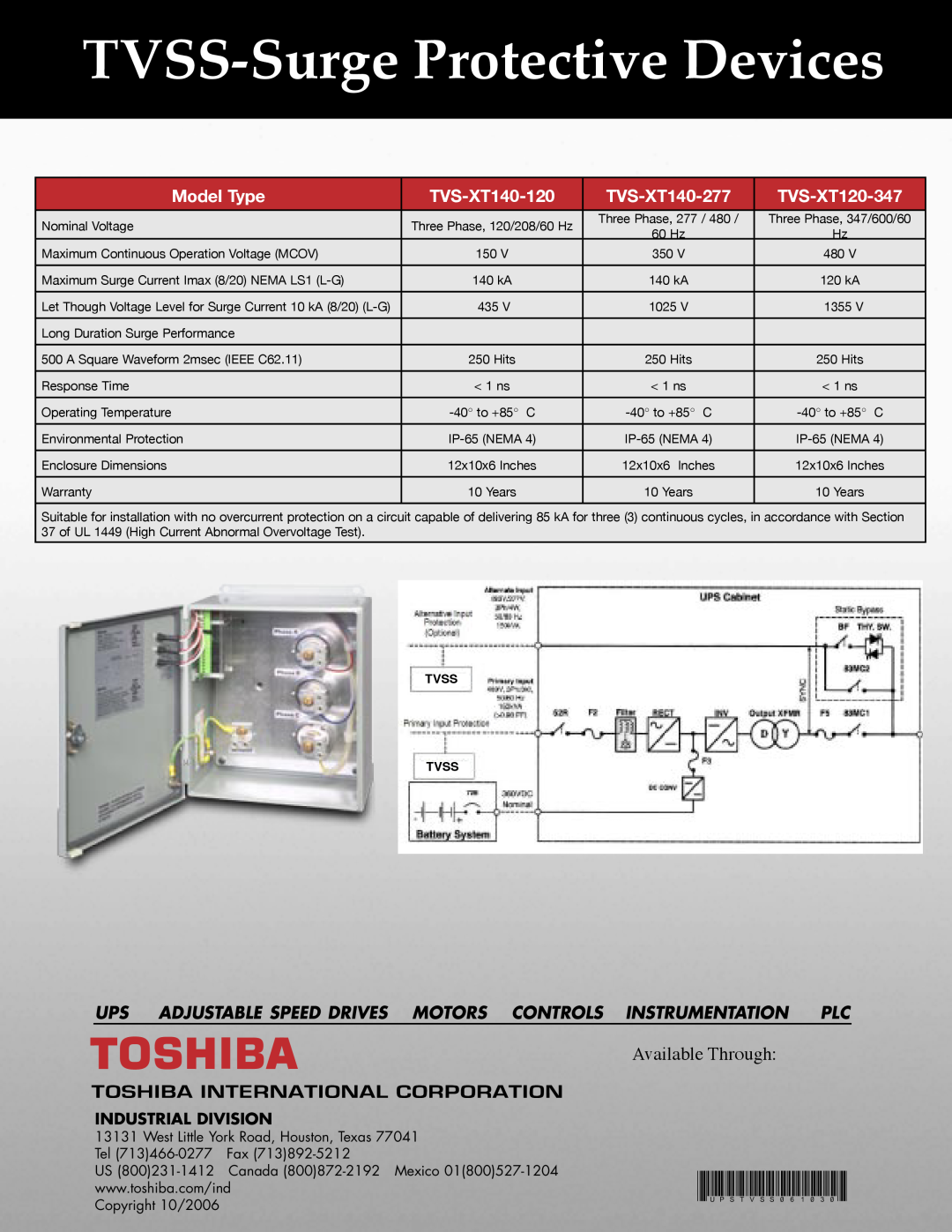 Toshiba TVS-XT120-347 TVSS-Surge Protective Devices, Available Through, Model Type, TVS-XT140-120, TVS-XT140-277, Canada 