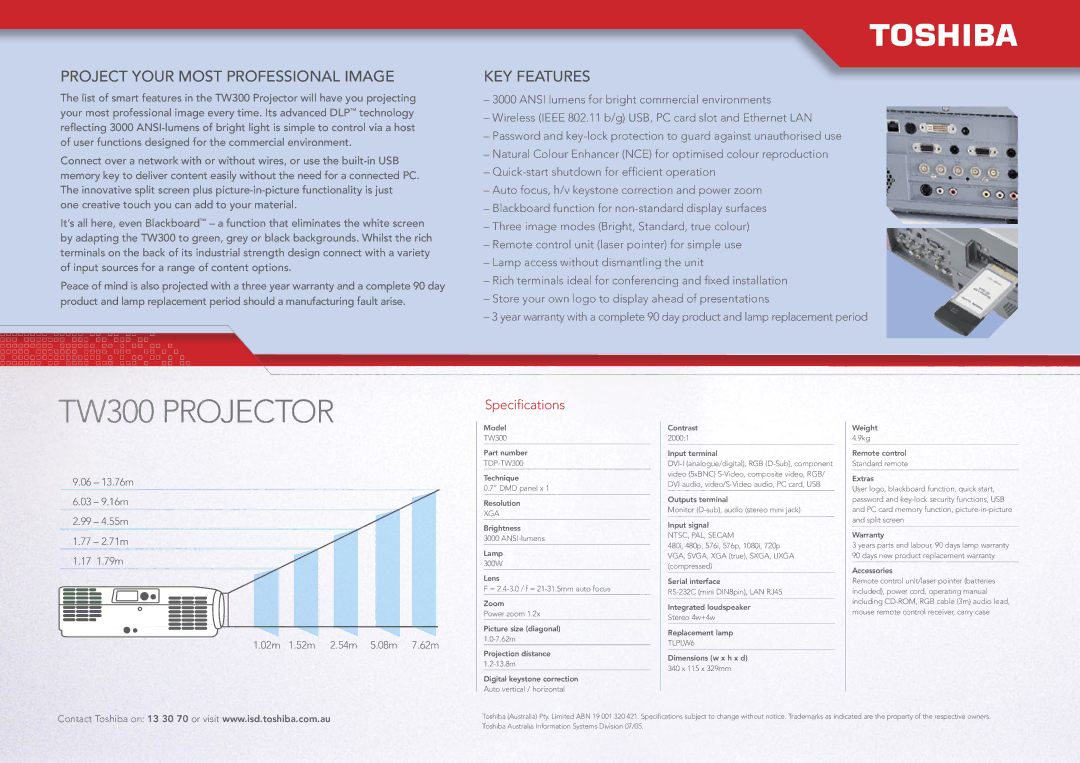 Toshiba specifications TW300 Projector, Project Your Most Professional Image, KEY Features, Specifications 