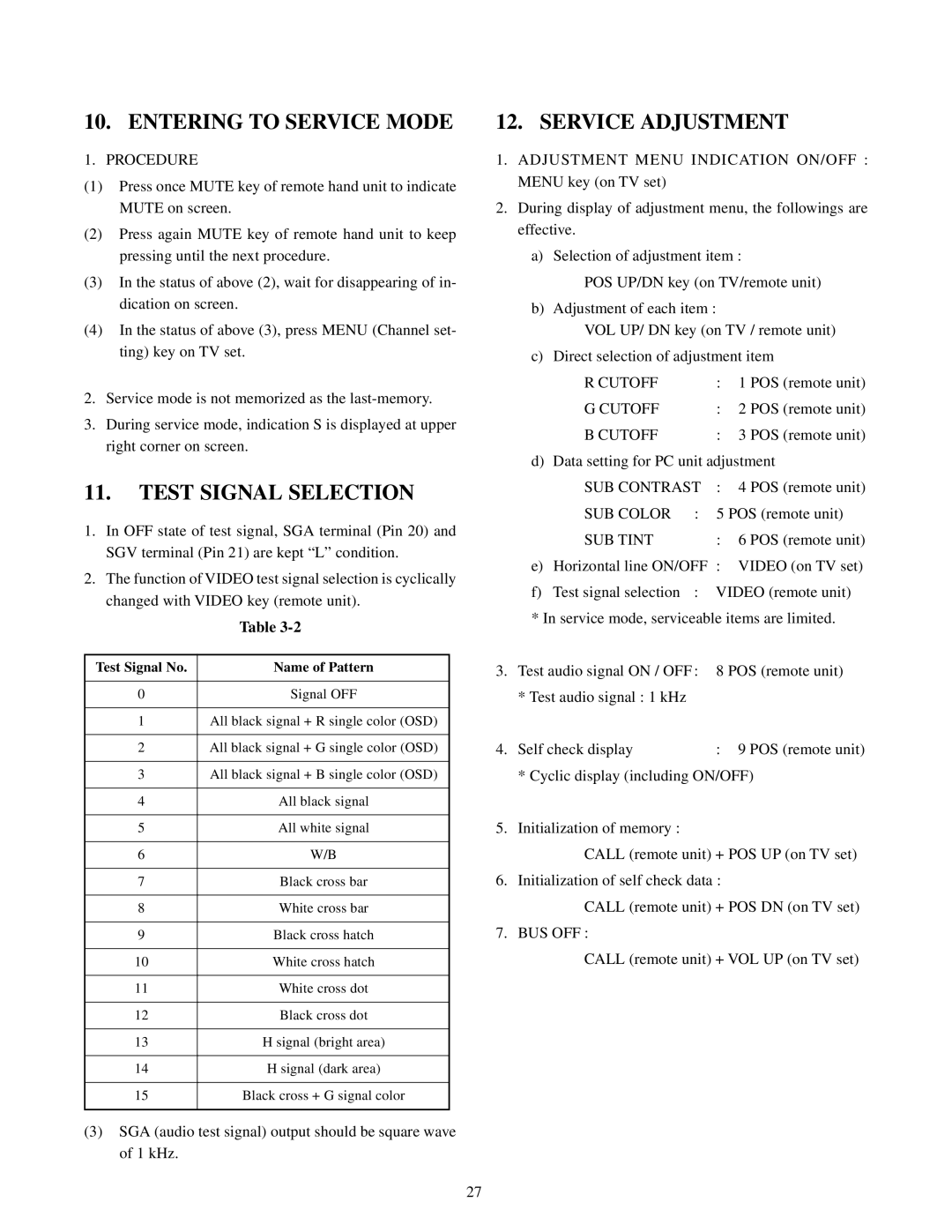 Toshiba TW40F80 manual Entering to Service Mode, Test Signal Selection, Service Adjustment 