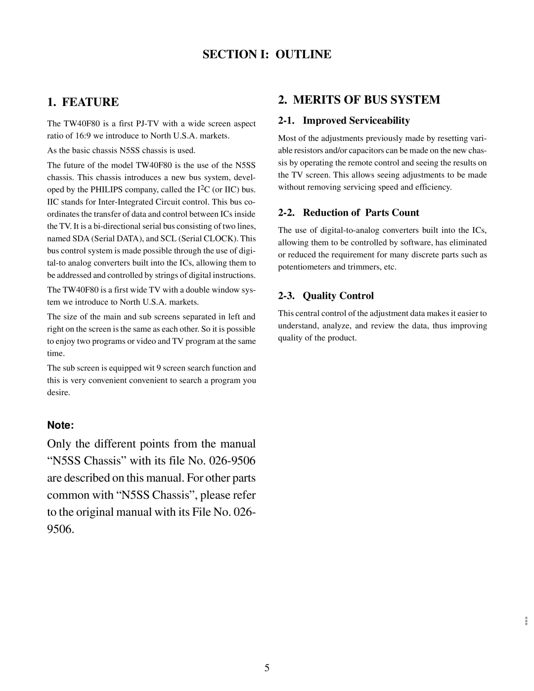 Toshiba TW40F80 manual Section Feature, Outline Merits of BUS System, Improved Serviceability, Reduction of Parts Count 